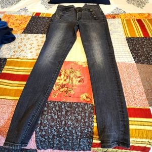 Express super high rise black distressed jean leggings with butler buttons